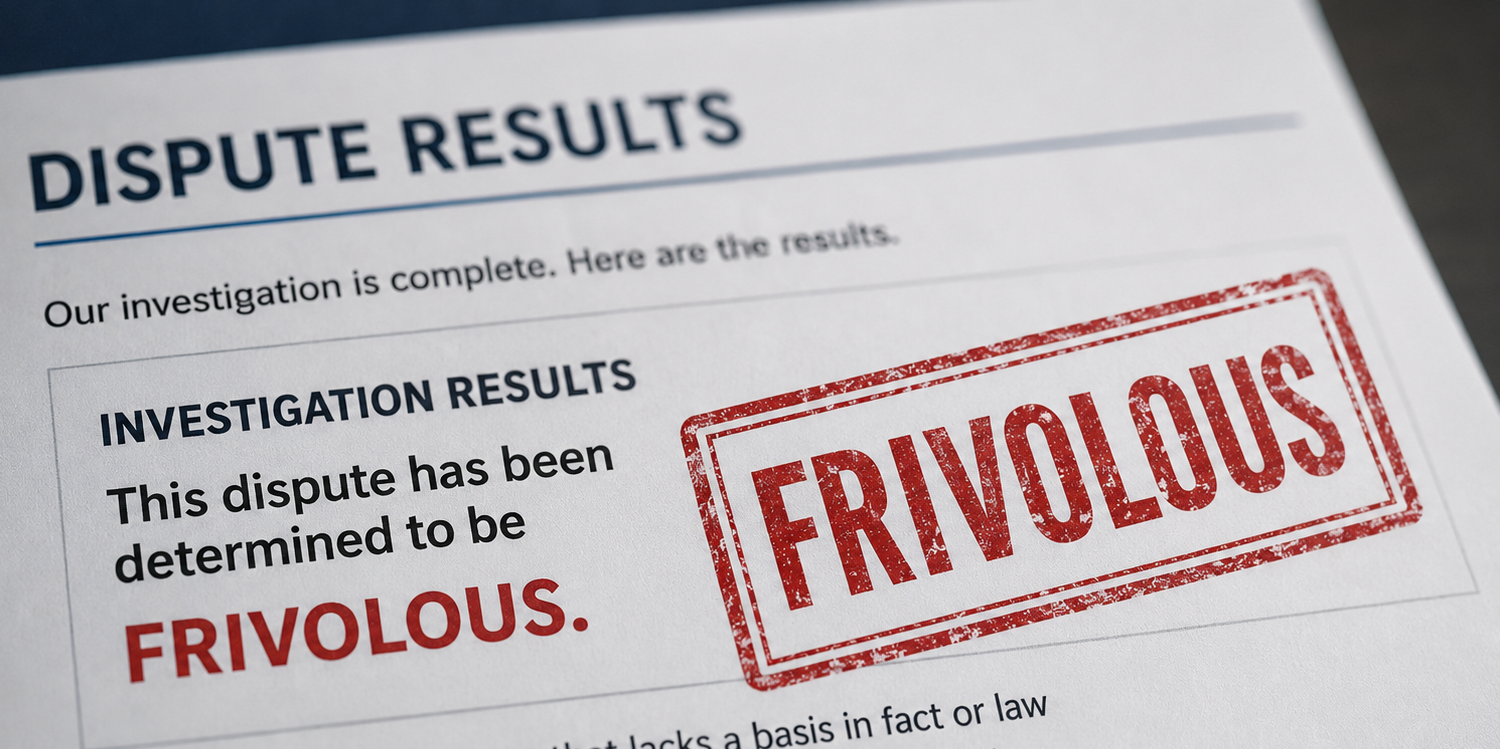 Dispute results page announcing the dispute is frivolous, with a red FRIVOLOUS stamp.
